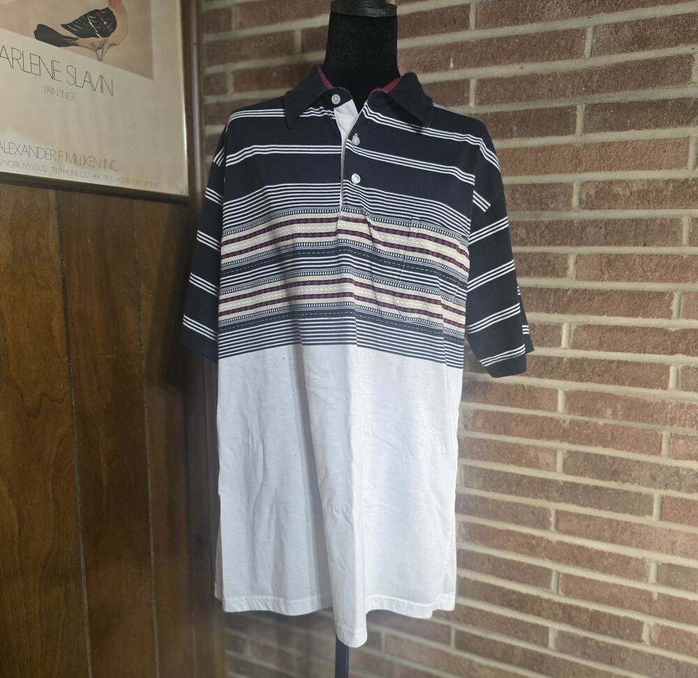 Knightsbridge Men's Striped Polo Shirt L Navy White Red Short Sleeve RN 82950